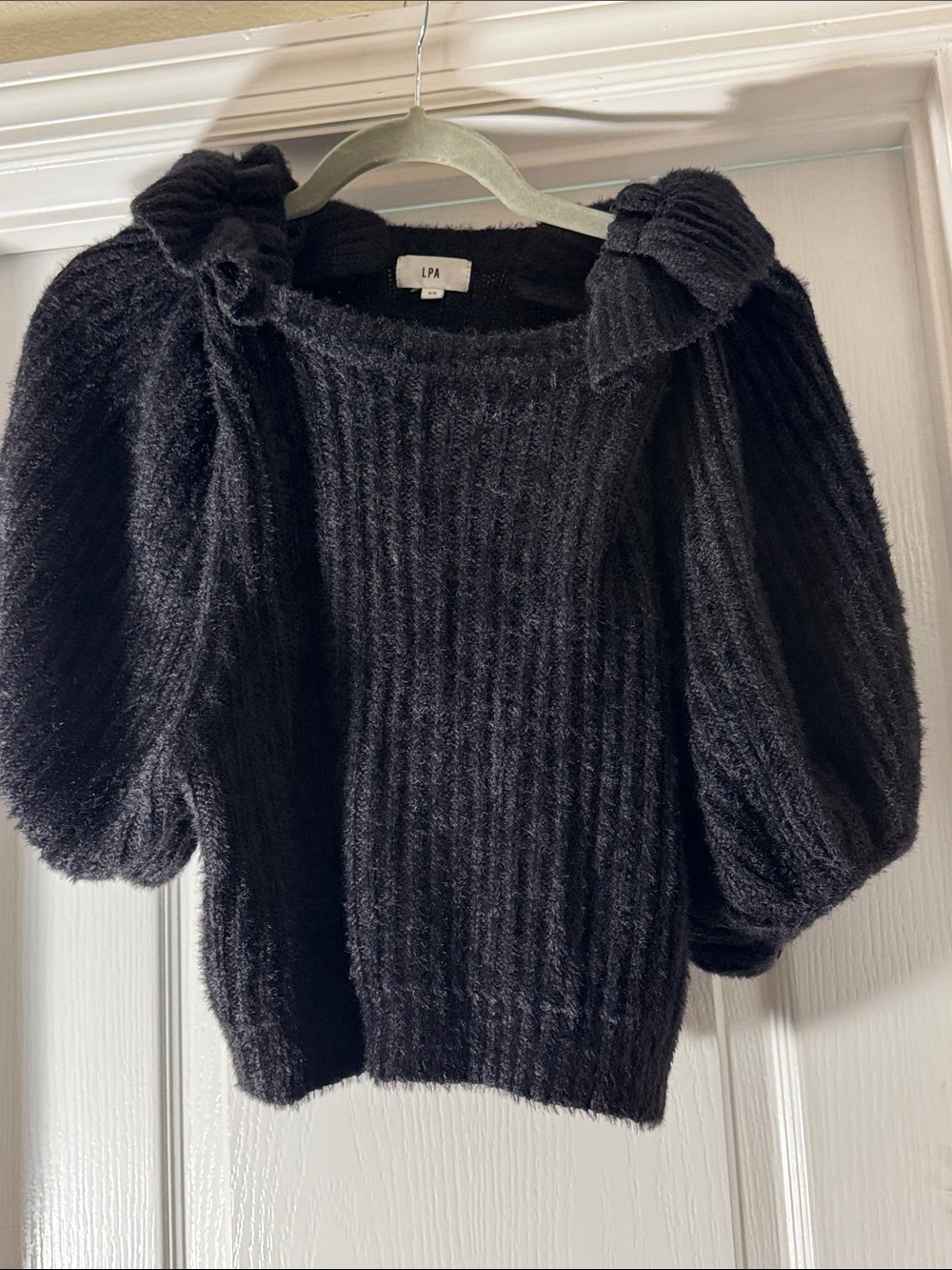 LPA brand dramatic Black Off-Shoulder Puff-Sleeve Knit Sweater